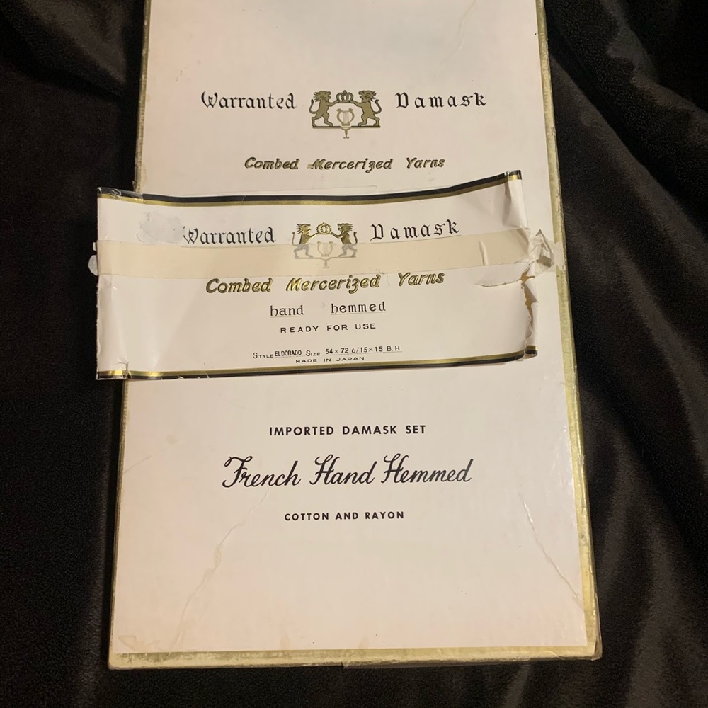 VINTAGE Imported Damask cotton rayon 54” X 72” tablecloth in original box